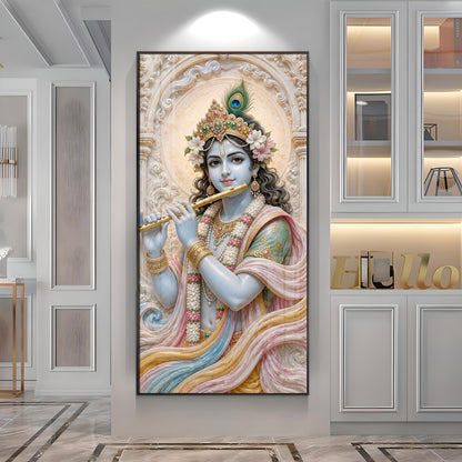 Divine Krishna With Bansuri Premium Acrylic Vertical Wall Art