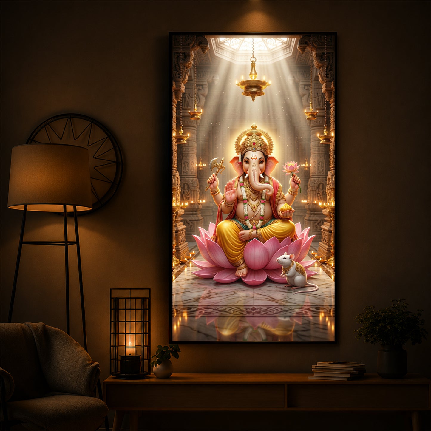 Lord Ganesh Ji On Lotus Modern Luxury Backlight Vertical Wall Art
