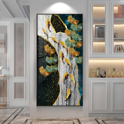 Gold Fish & Feathers Premium Acrylic Vertical Wall Art
