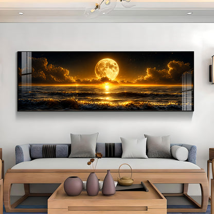 Golden Full Moon Ocean Clouds Premium Acrylic Horizontal Wall Art