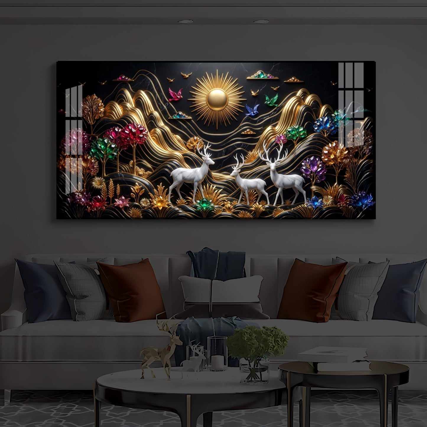 White Deer With Sun Modern Luxury Backlight Horizontal Wall Art
