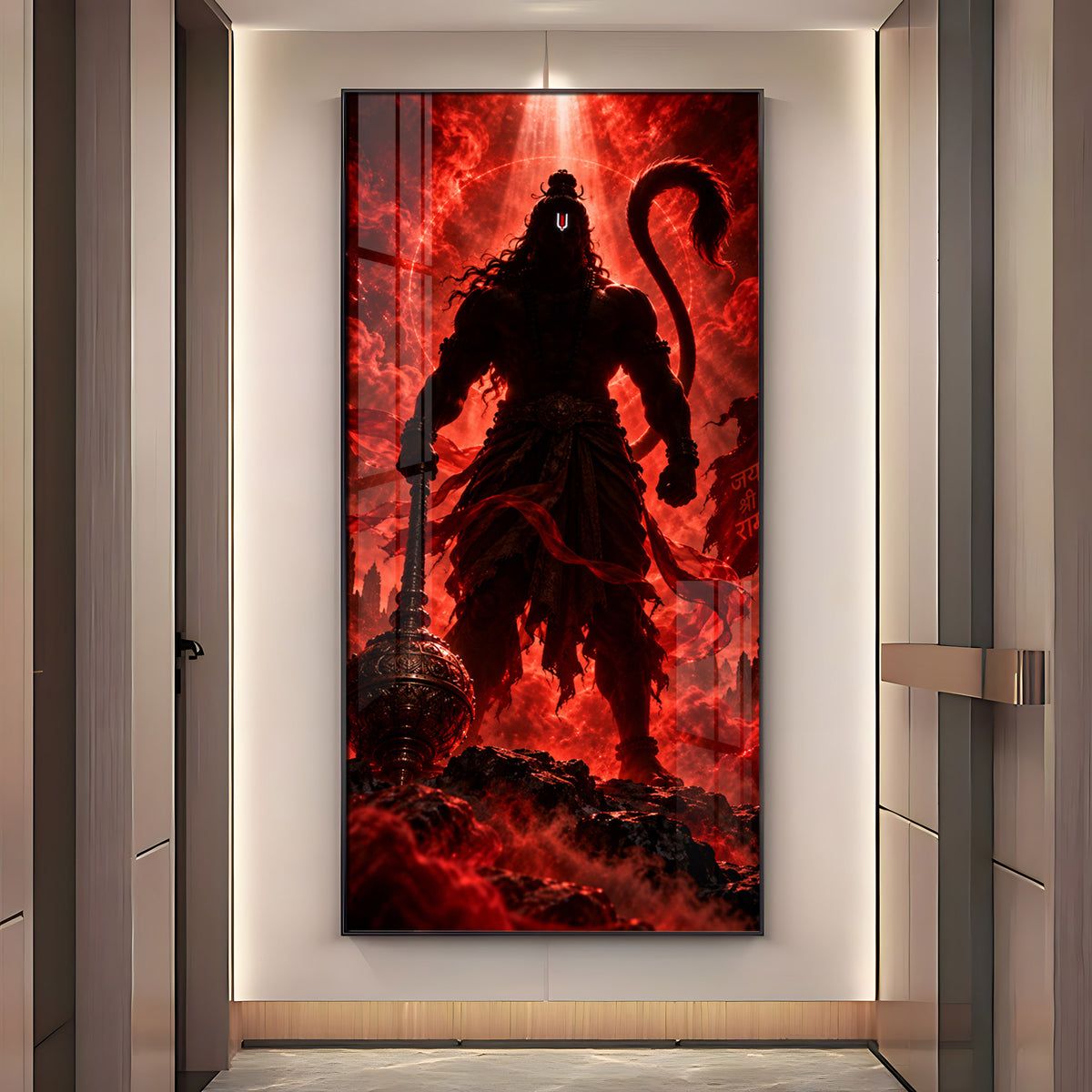 Hanuman Silhouette in Red Glow Premium Acrylic Vertical Wall Art
