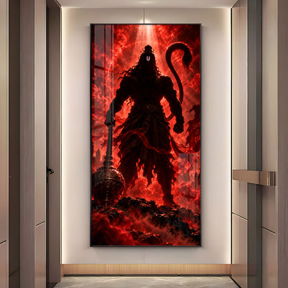 Hanuman Silhouette in Red Glow Premium Acrylic Vertical Wall Art