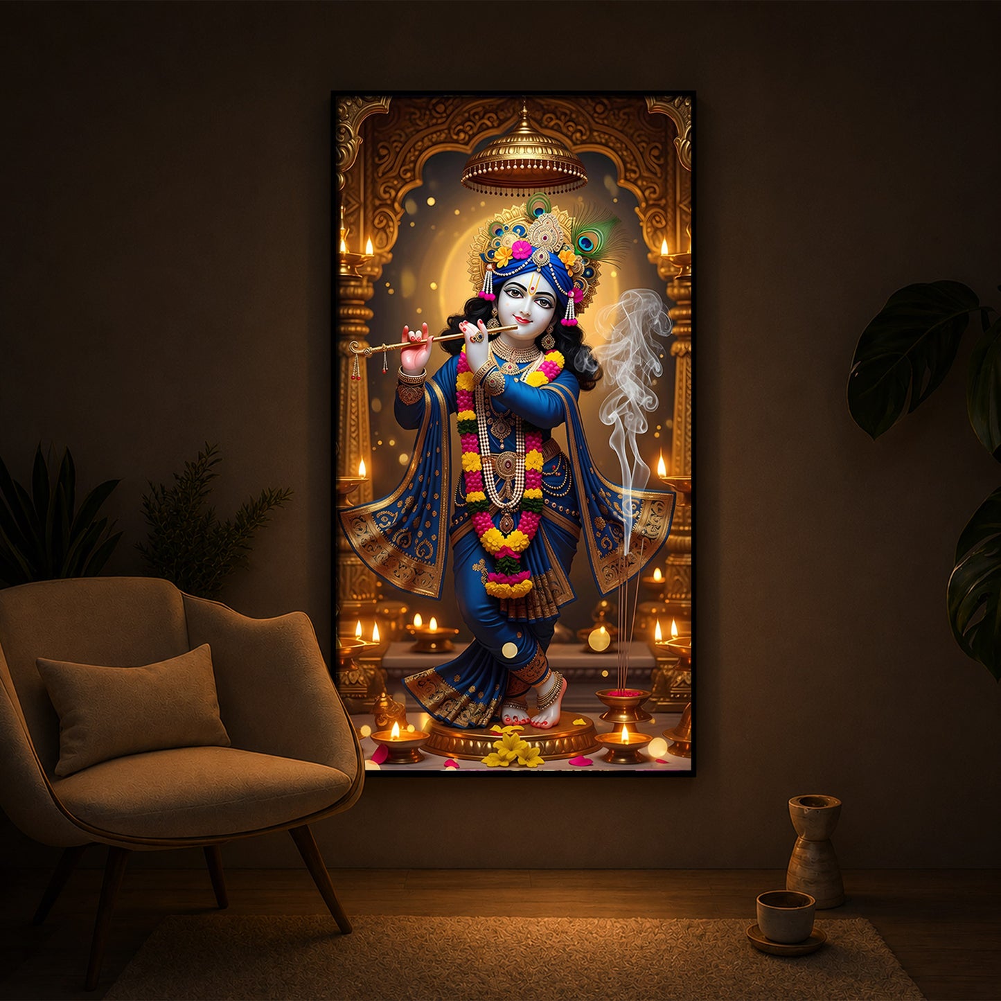 Lord Krishna Ji Modern Luxury Backlight Vertical Wall Art