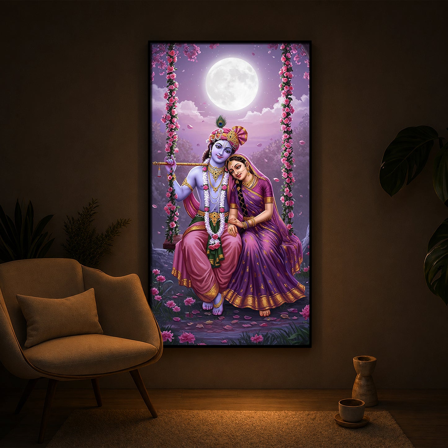 Loving Radha Krishna Modern Luxury Backlight Vertical Wall Art