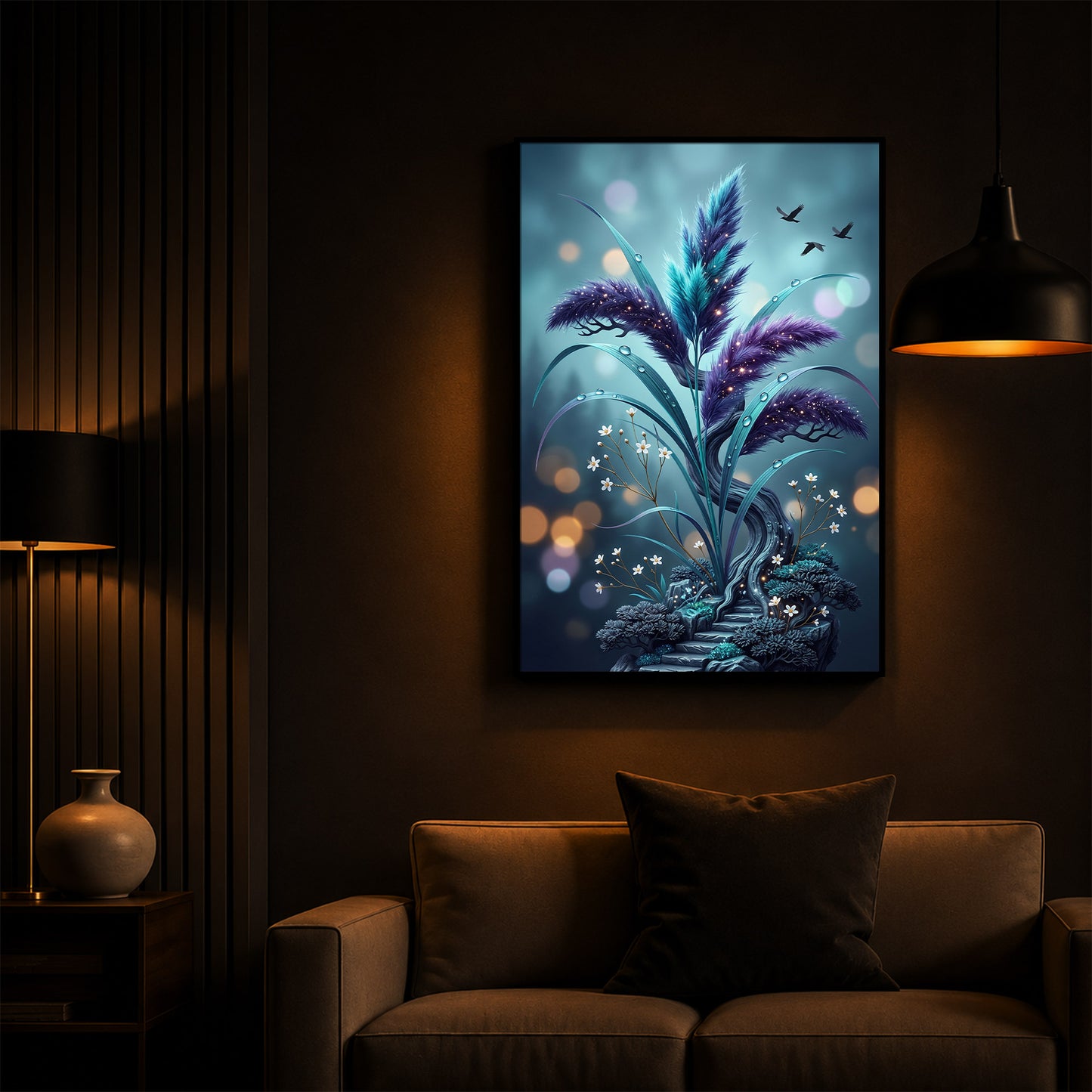Mystical Purple Feather Plant Modern Luxury Backlight Vertical Wall Art