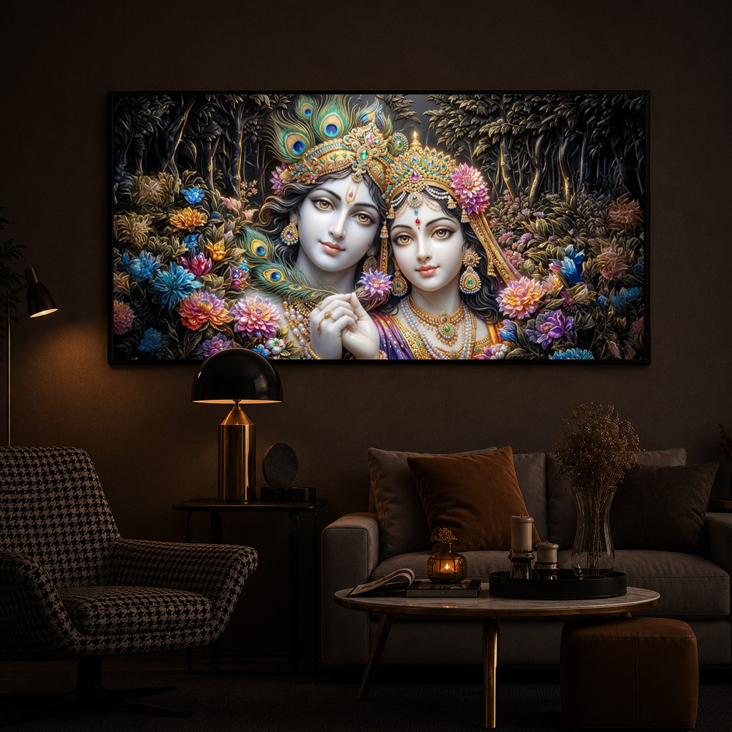 Spiritual Serenity Radha Krishna Modern Luxury Backlight Horizontal Wall Art