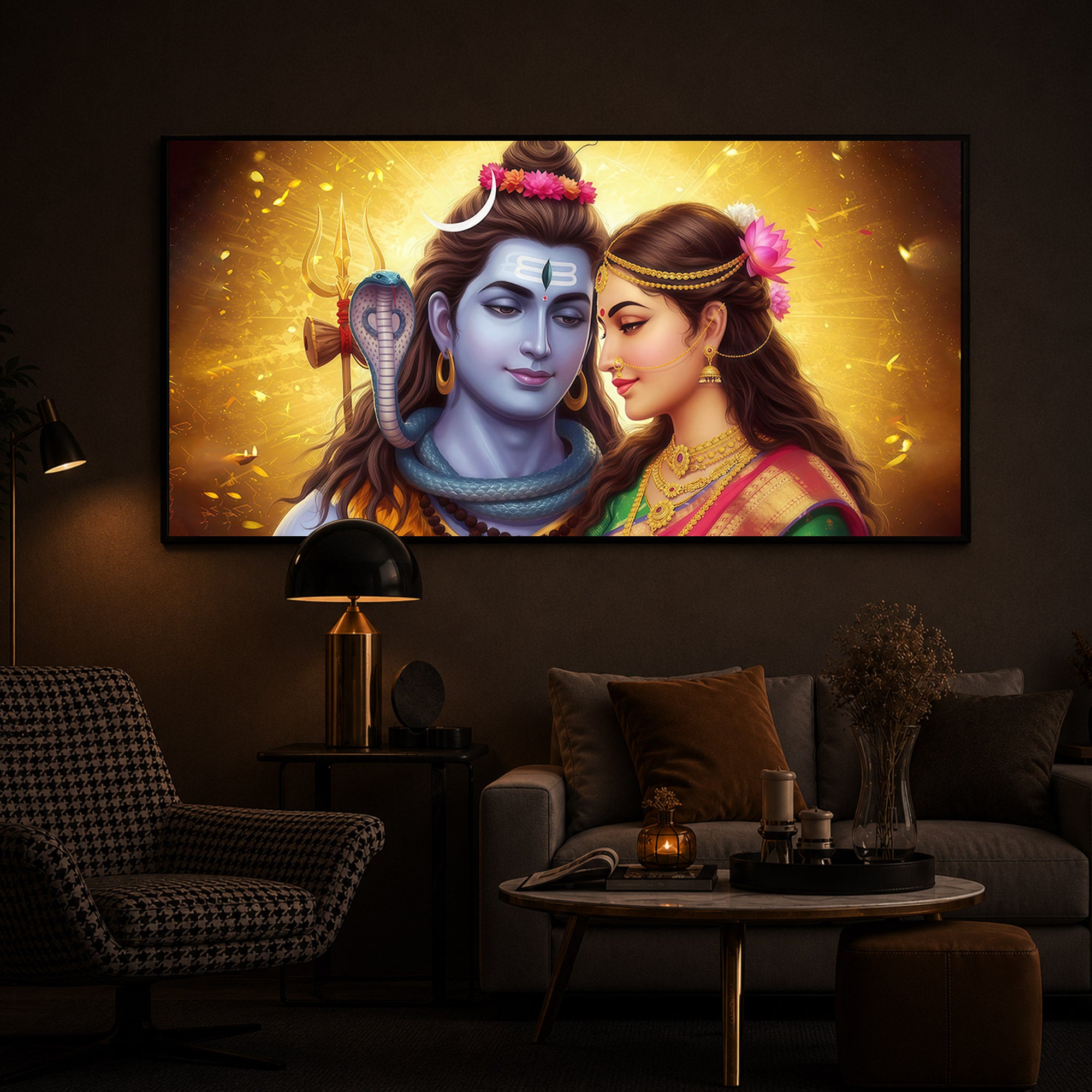 Shiv Parvati Modern Luxury Backlight Horizontal Wall Art