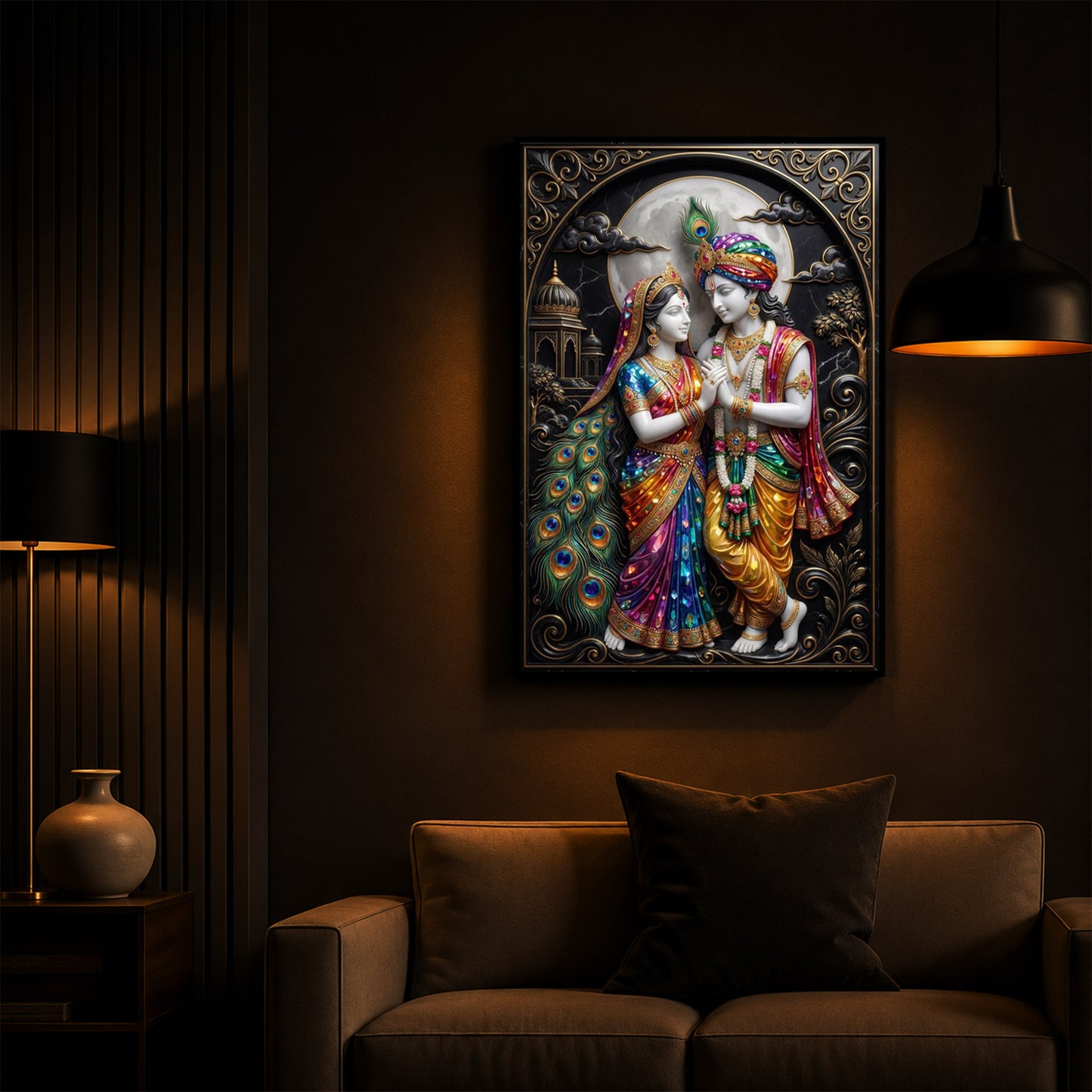 Radha Krishna With Moon Modern Luxury Backlight Vertical Wall Art