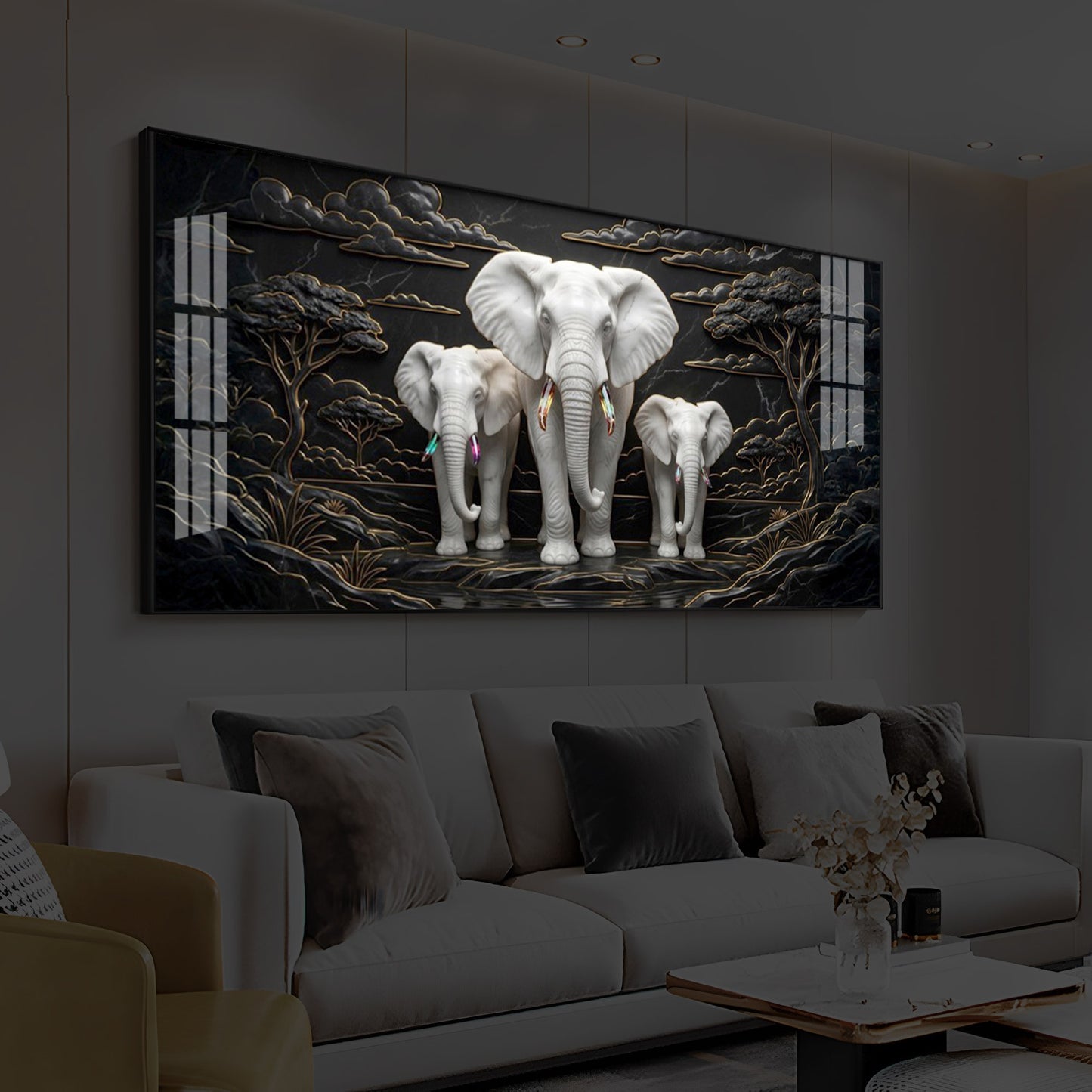 White Elephant Family Modern Luxury Backlight Horizontal Wall Art