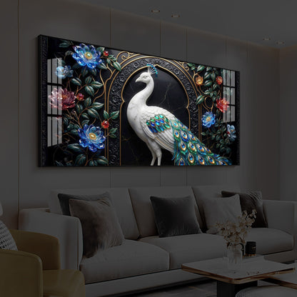 Majestic Peacock With Flower Modern Luxury Backlight Horizontal Wall Art