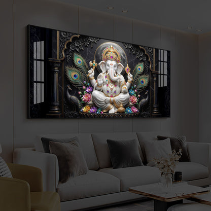 Lord Ganesha With Peacock Feather Modern Luxury Backlight Horizontal Wall Art