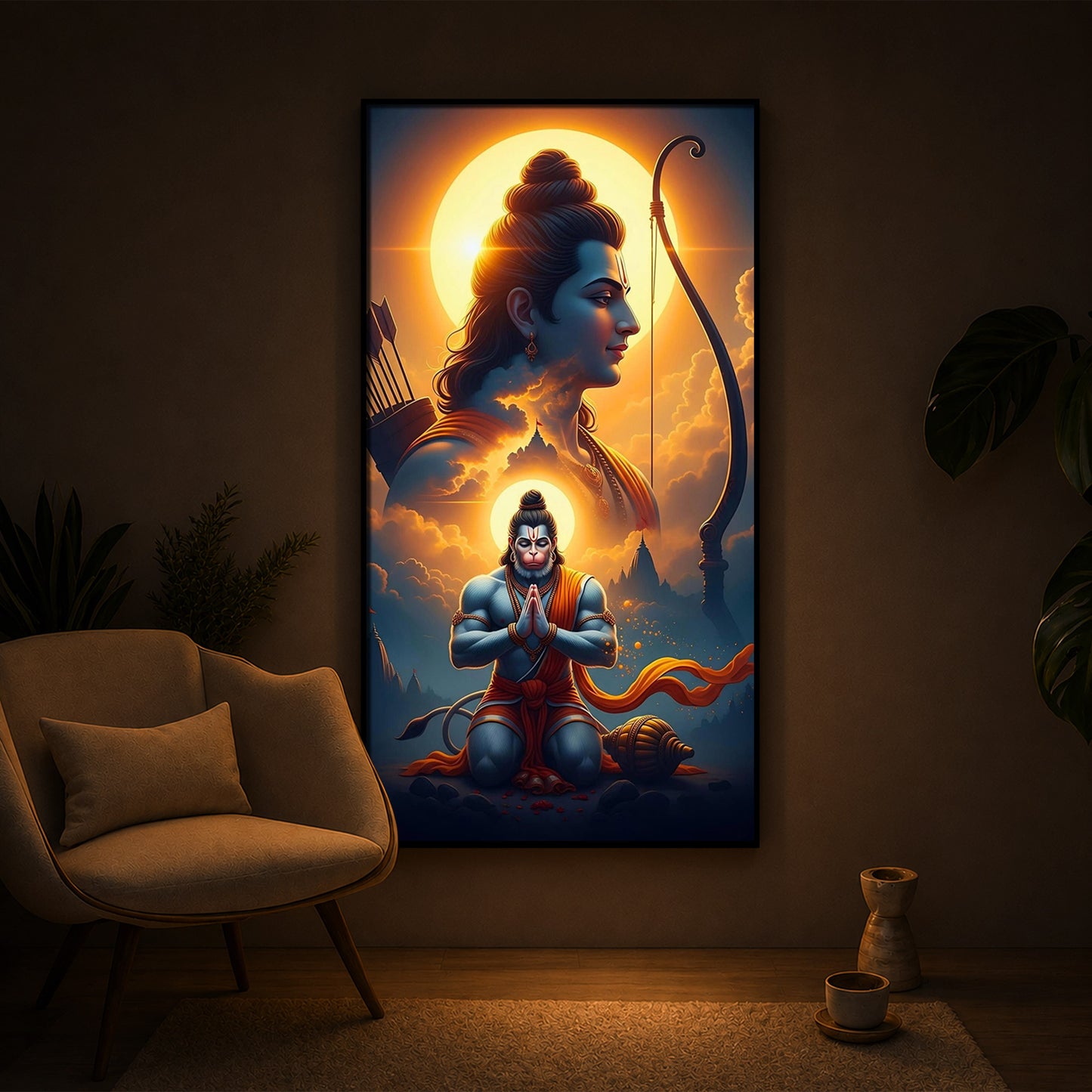 Ram and Hanuman Ji Modern Luxury Backlight Vertical Wall Art