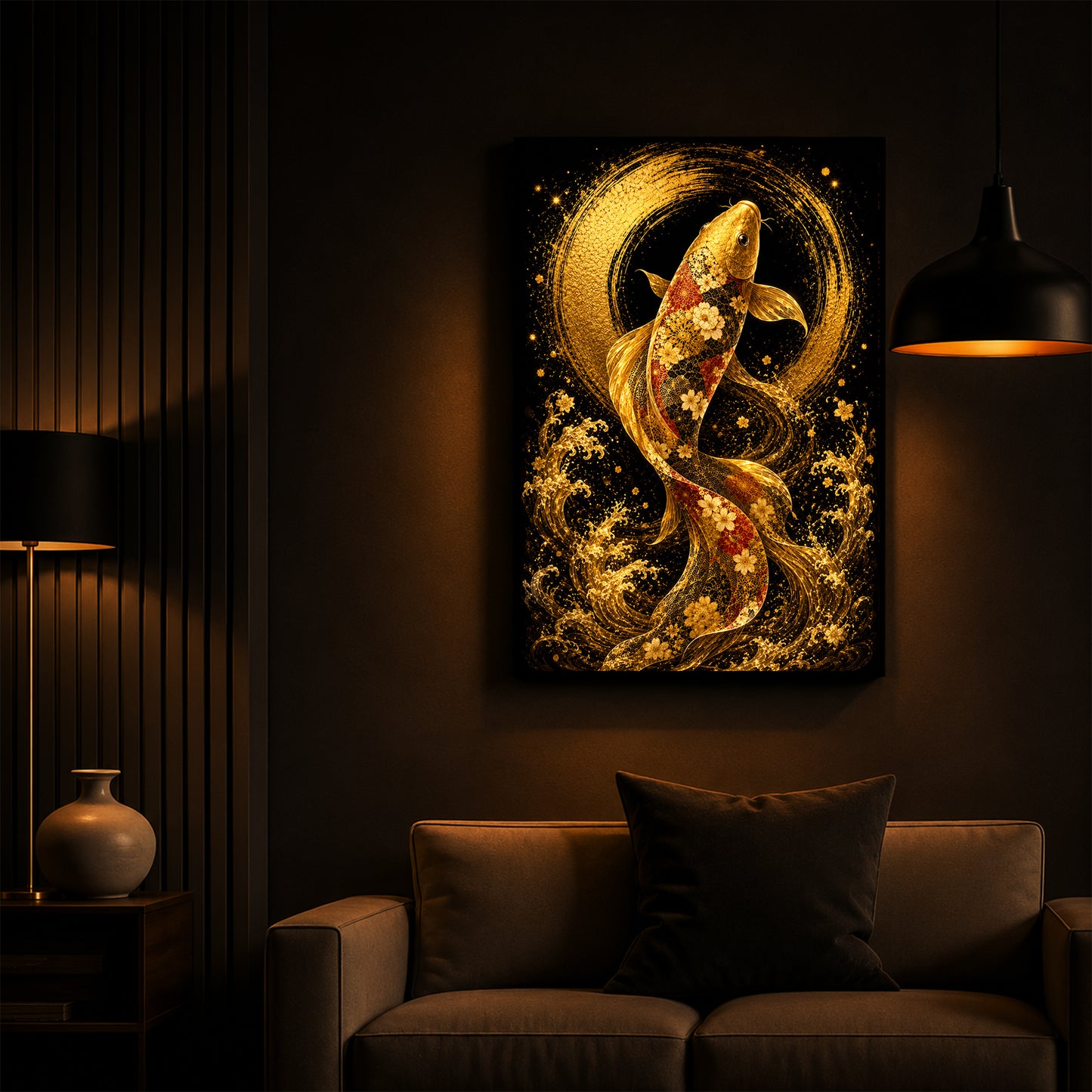 Golden Koi Fish Modern Luxury Backlight Vertical Wall Art