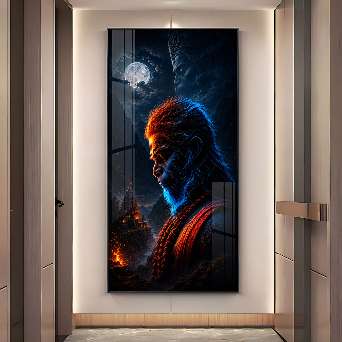 Sacred Rudra Hanuman Moonlit Premium Acrylic Vertical Wall Art