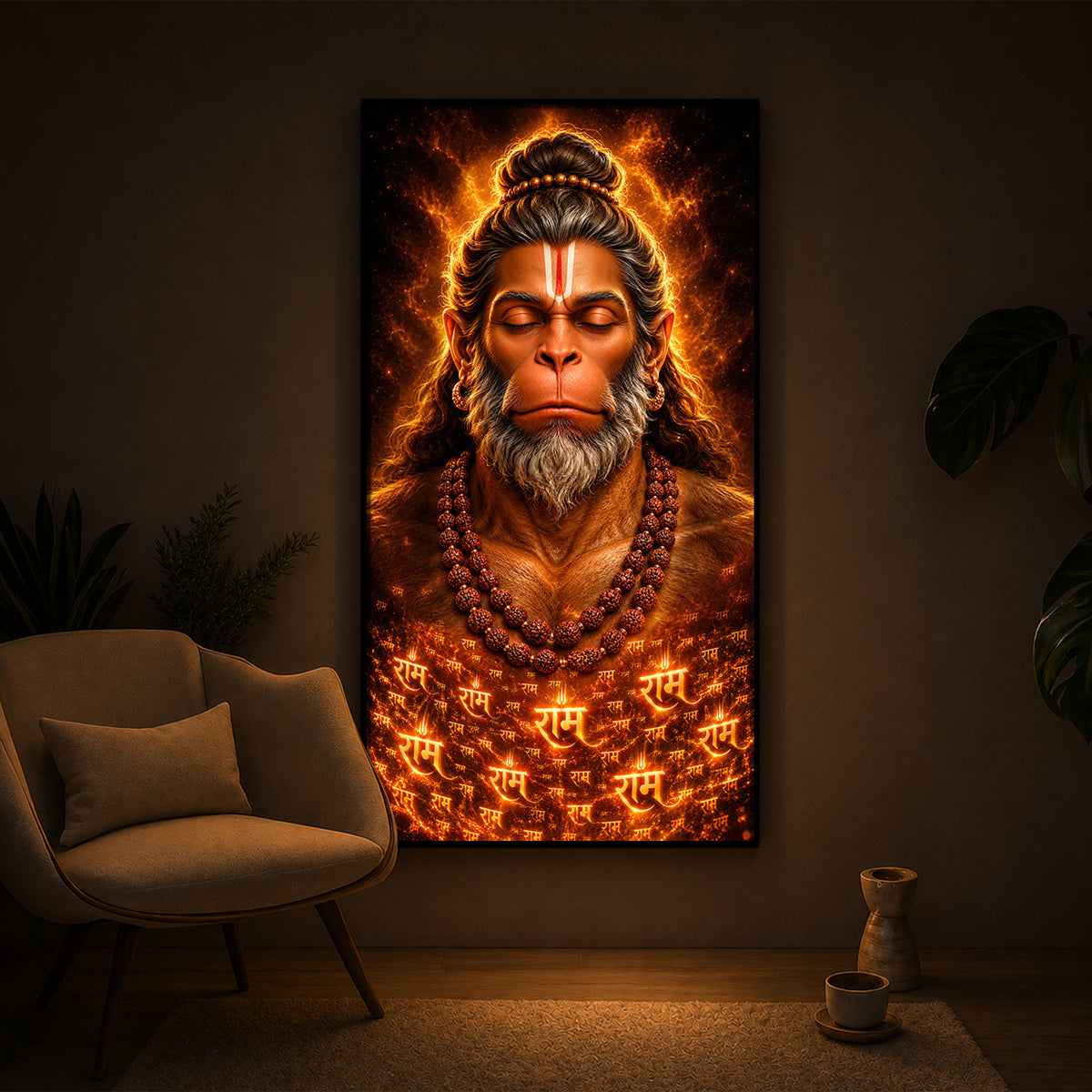 Divine Bajrangbali Meditating Modern Luxury Backlight Vertical Wall Art