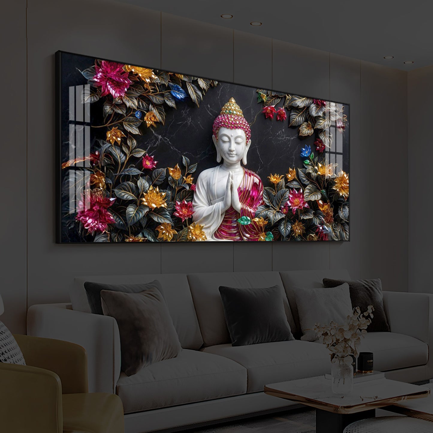 White Buddha With Pink Lotus Modern Luxury Backlight Horizontal Wall Art