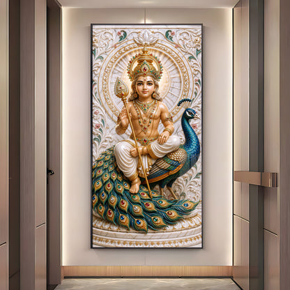 Holy Murugan With Peacock Premium Acrylic Vertical Wall Art