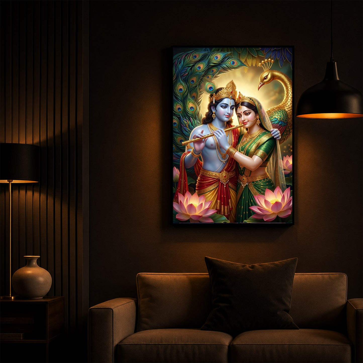 Depiction Of Radha Krishna Modern Luxury Backlight Vertical Wall Art