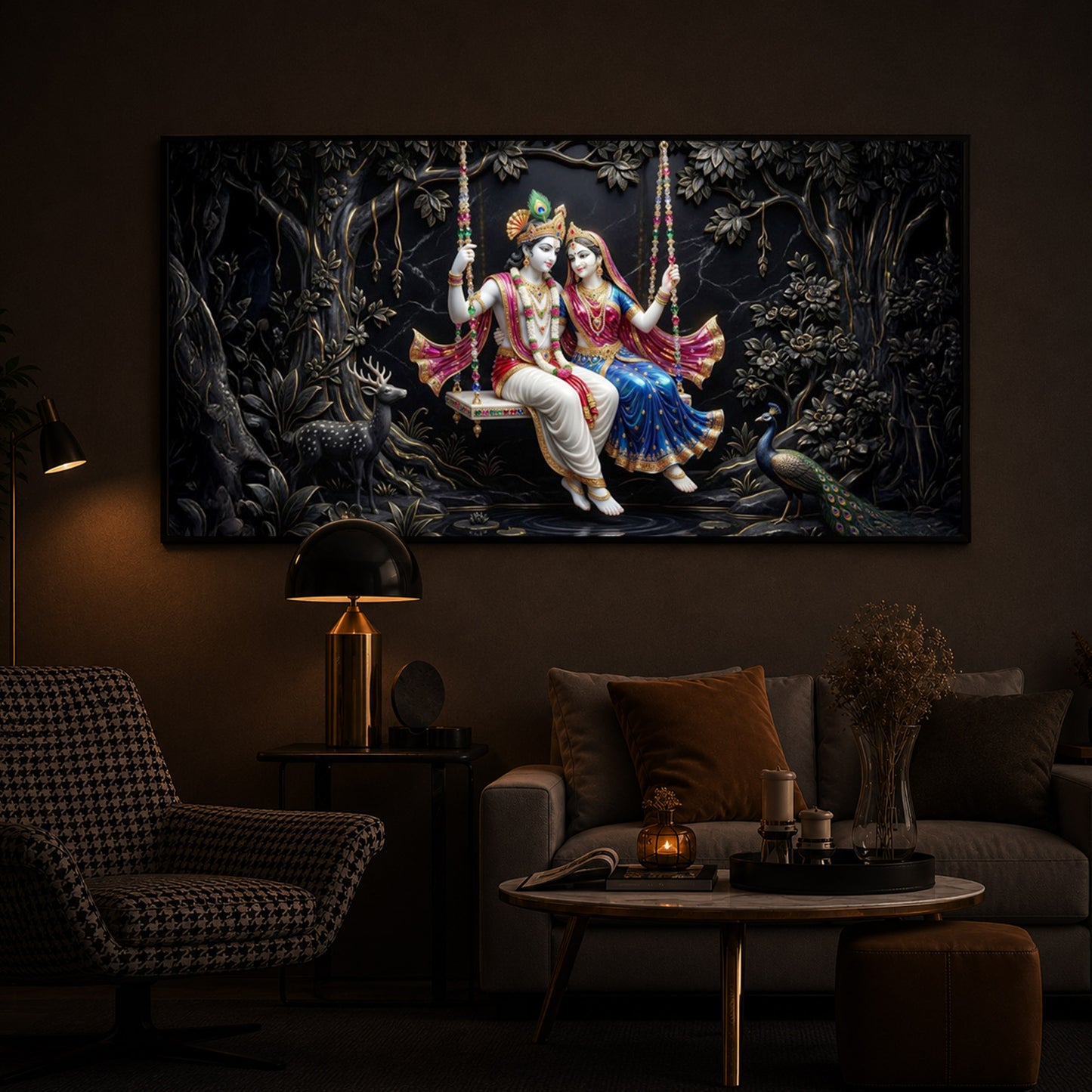 Radha Krishna Swing Modern Luxury Backlight Horizontal Wall Art