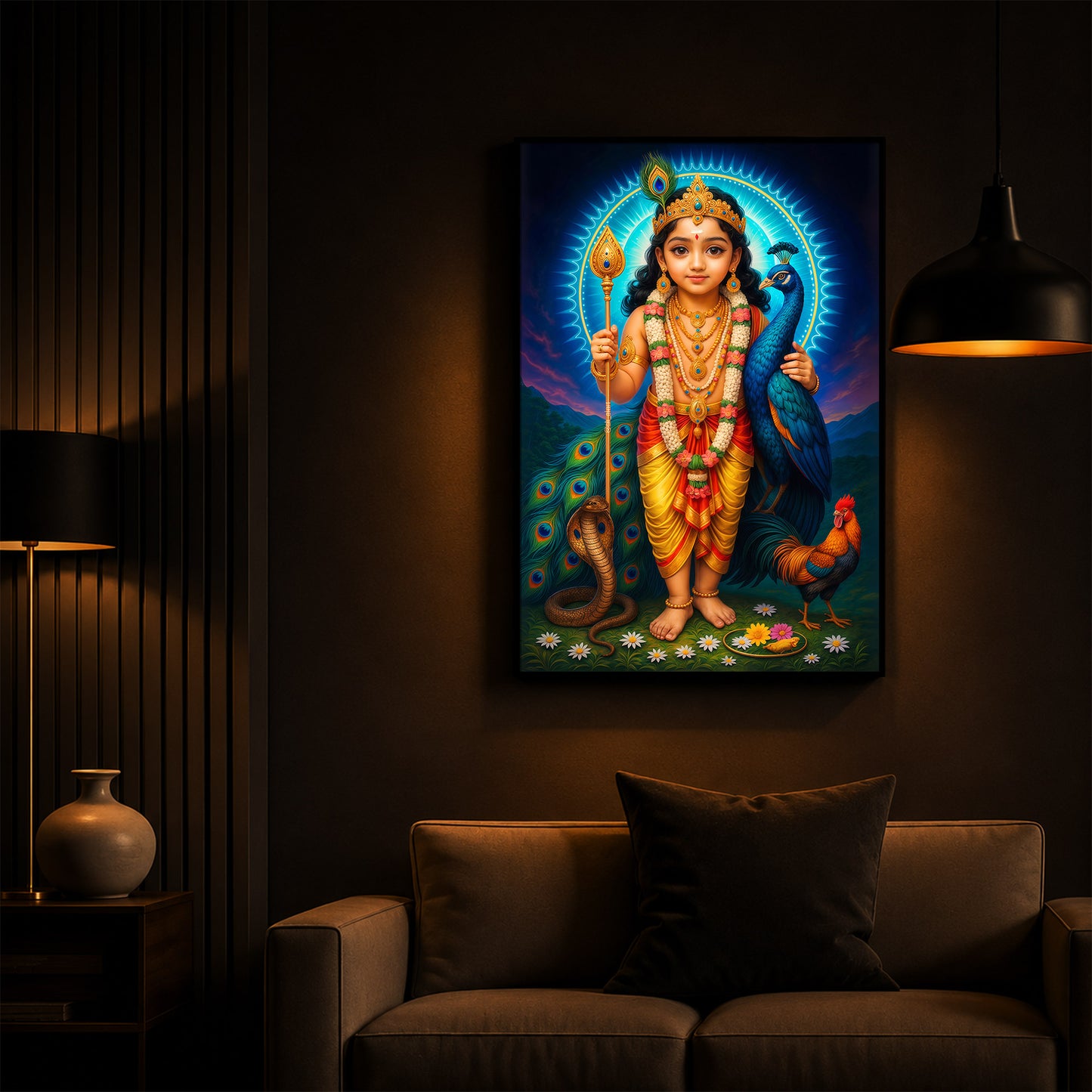 Lord Murugan Ji Modern Luxury Backlight Vertical Wall Art