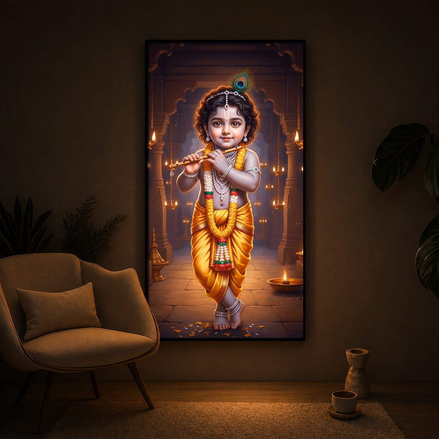 Little Lord Krishna Modern Luxury Backlight Vertical Wall Art