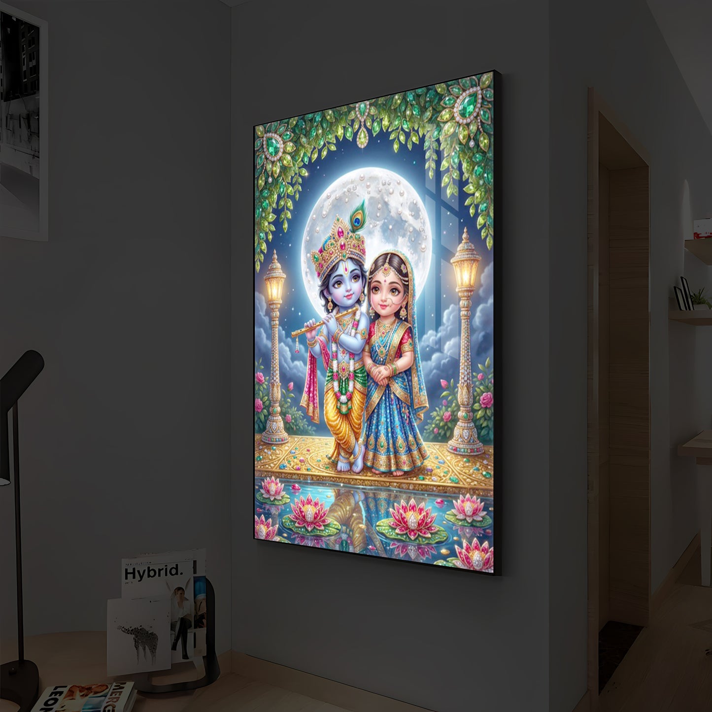 Little Radha Krishna Modern Luxury Backlight Vertical Wall Art