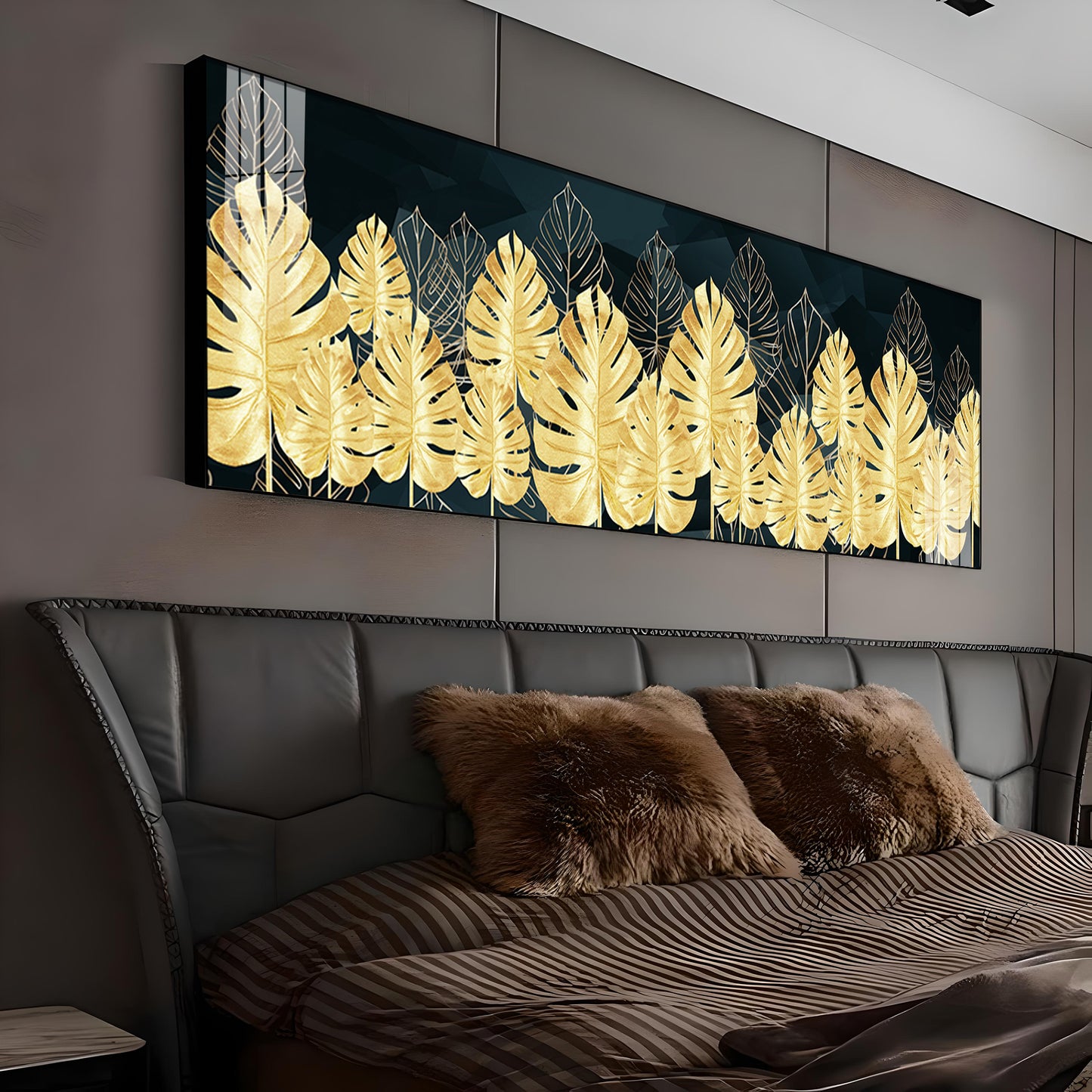 Golden Monstera Leaf Premium Acrylic Horizontal Wall Art