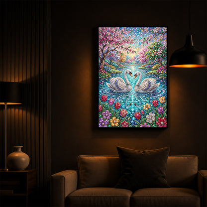 Pair Of Swans Modern Luxury Backlight Vertical Wall Art