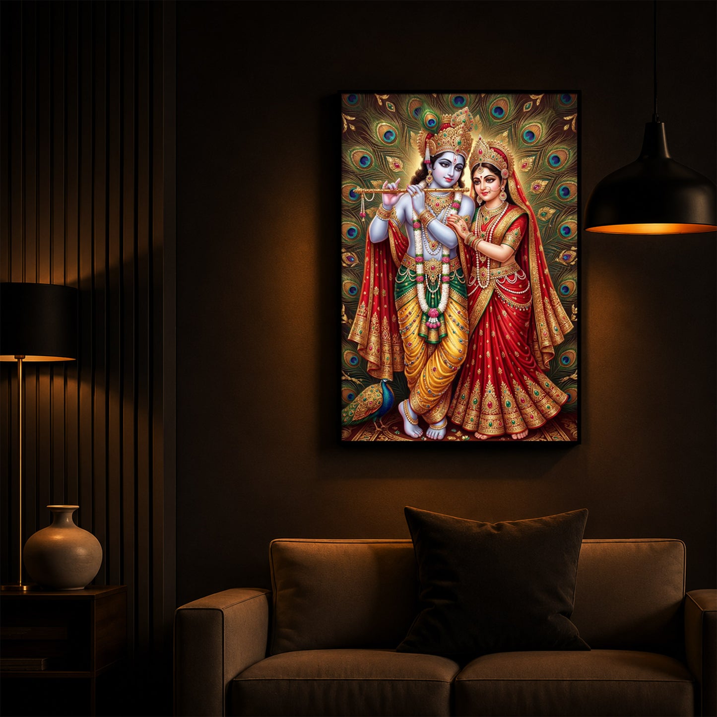 Radha Krishna Divine Bliss Modern Luxury Backlight Vertical Wall Art