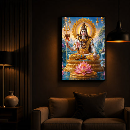 Lord Shiva Seated In Deep Meditation Modern Luxury Backlight Vertical Wall Art