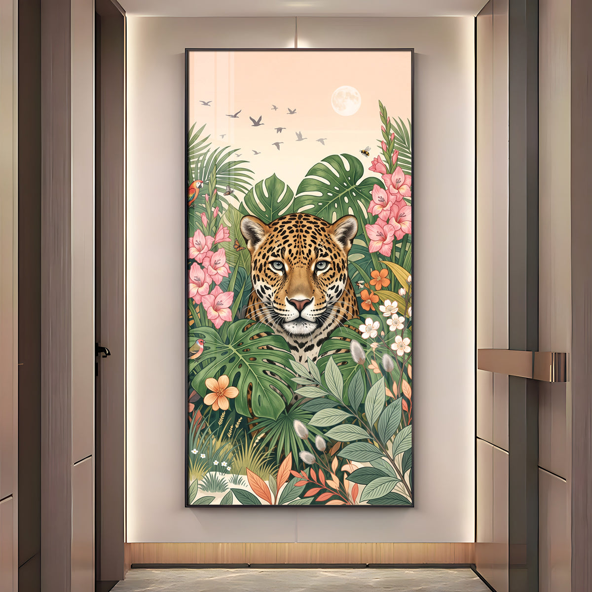 Tropical Jungle Leopard & Floral Leaves Premium Acrylic Vertical Wall Art