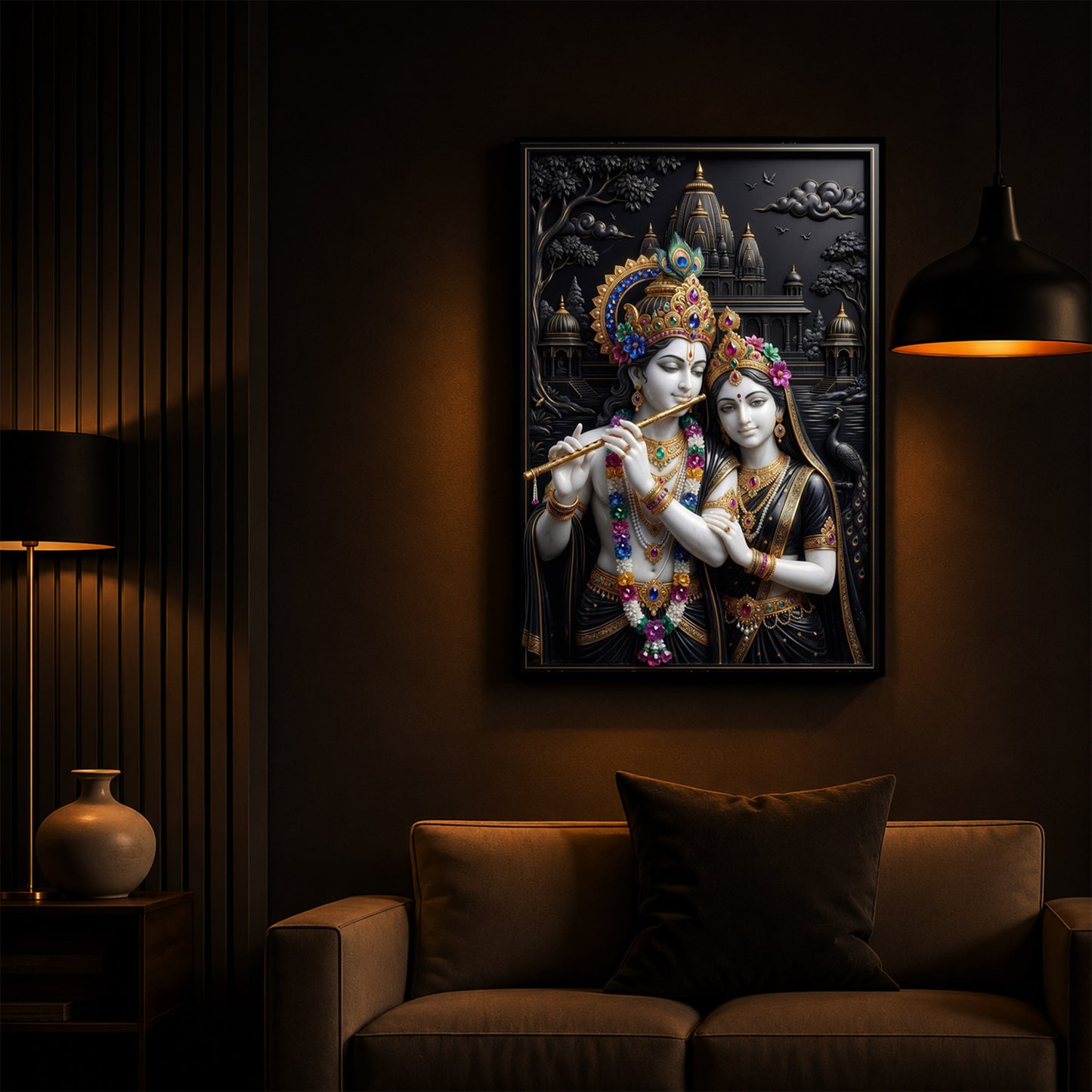 Radha Krishna With Floral Garlands Modern Luxury Backlight Vertical Wall Art