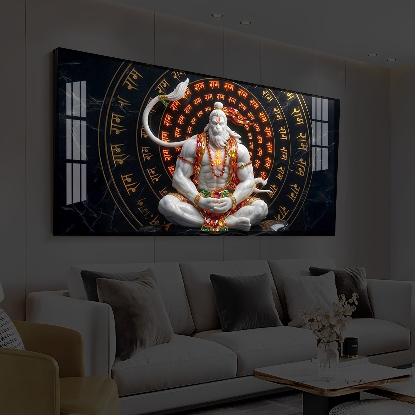 Lord Hanuman Sitting In A Meditative Modern Luxury Backlight Horizontal Wall Art