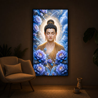 Divine Buddha Glowing Aura Modern Luxury Backlight Vertical Wall Art