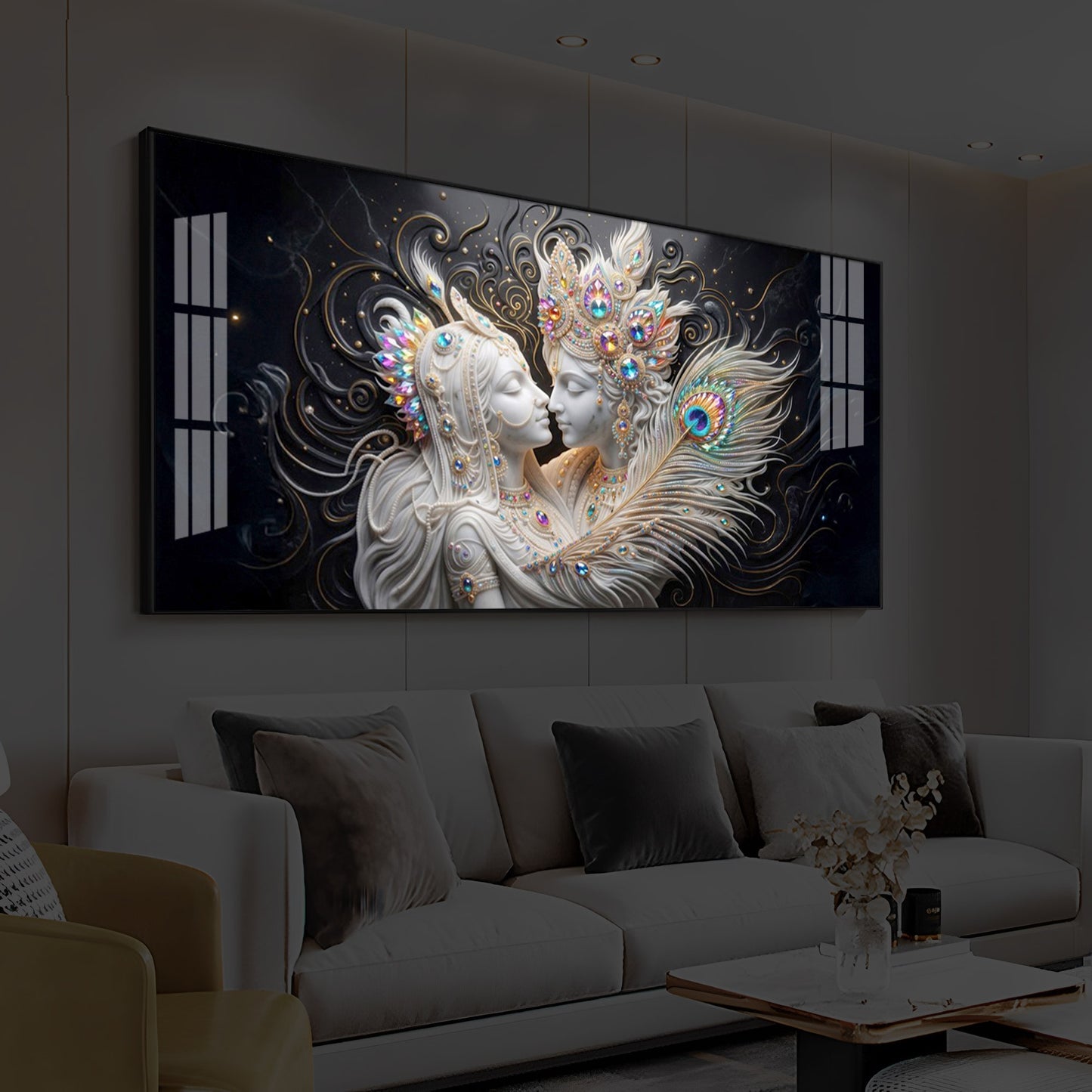Depicts Radha Krishna Modern Luxury Backlight Horizontal Wall Art