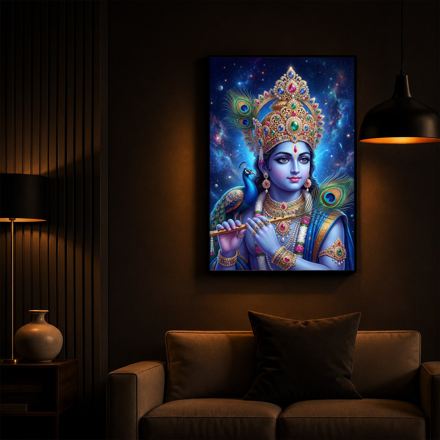 Hindu Deity Lord Krishna Modern Luxury Backlight Vertical Wall Art