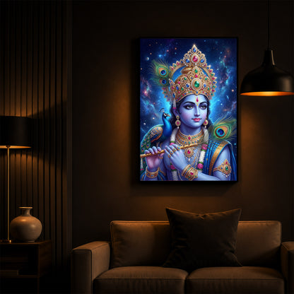 Hindu Deity Lord Krishna Modern Luxury Backlight Vertical Wall Art