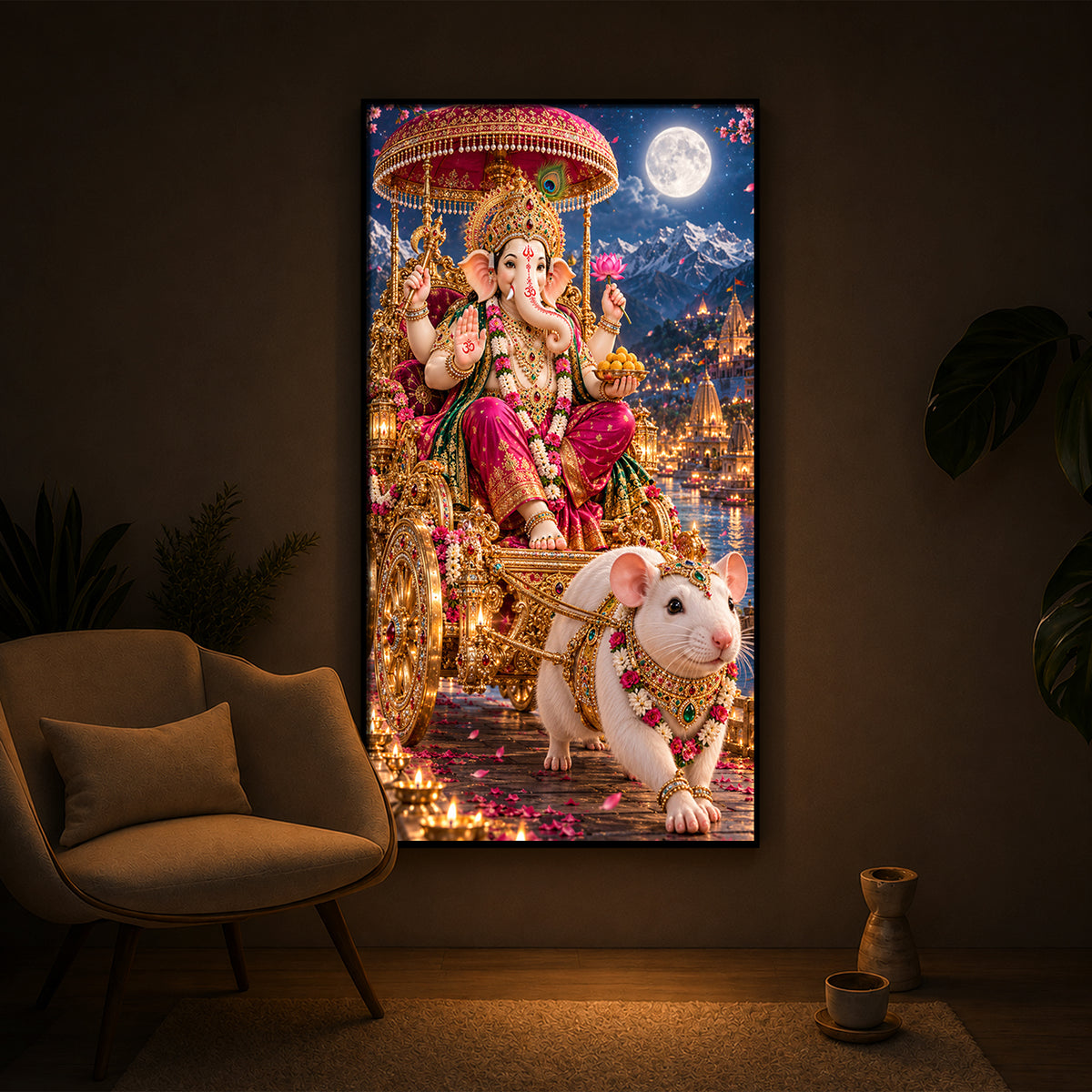 Ganapati Bappa Divine Rath Modern Luxury Backlight Vertical Wall Art