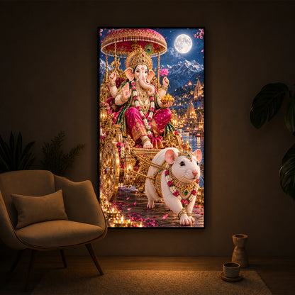 Ganapati Bappa Divine Rath Modern Luxury Backlight Vertical Wall Art
