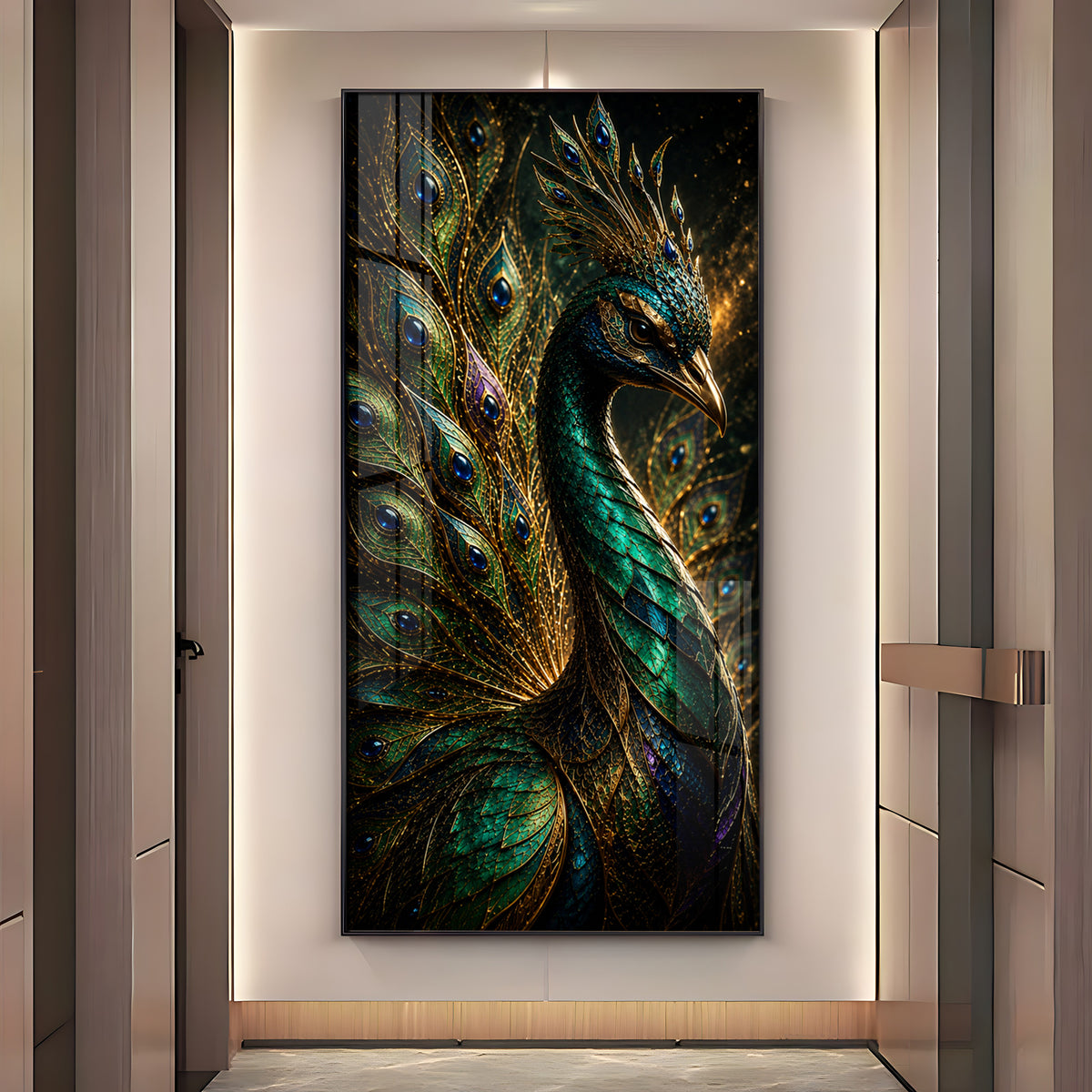 Majestic Jewel Toned Peacock Feather Premium Acrylic Vertical Wall Art