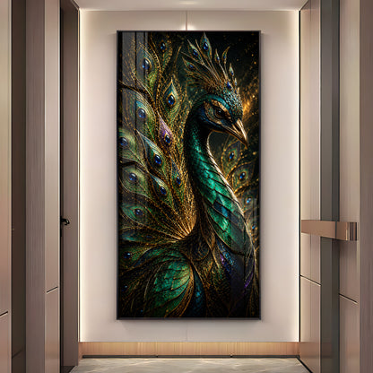Majestic Jewel Toned Peacock Feather Premium Acrylic Vertical Wall Art