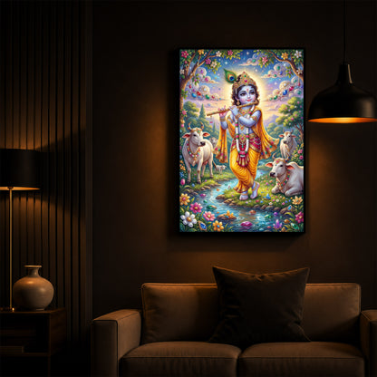 Little Kanha With Cow Modern Luxury Backlight Vertical Wall Art