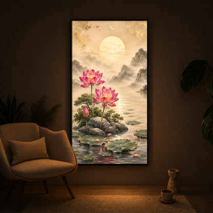 Serene Pink Lotus Landscape Modern Luxury Backlight Vertical Wall Art