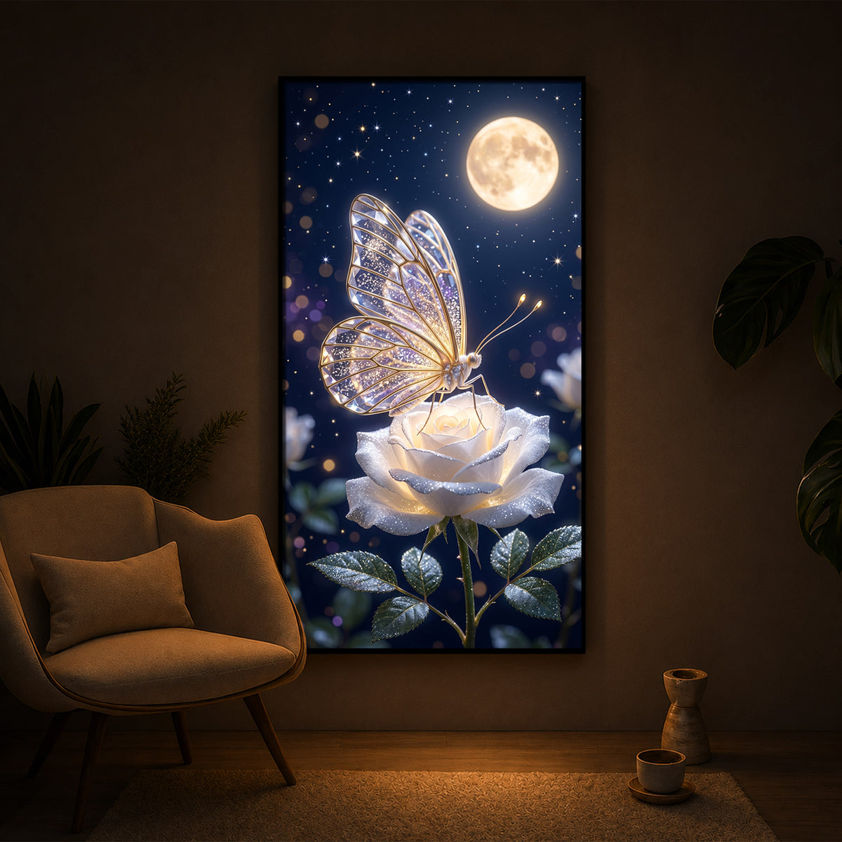 Butterfly On White Rose Modern Luxury Backlight Vertical Wall Art
