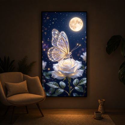 Butterfly On White Rose Modern Luxury Backlight Vertical Wall Art