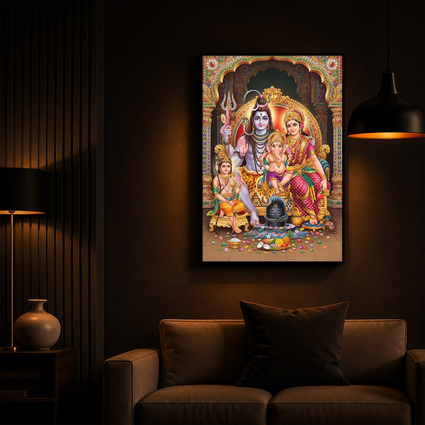 Shiva Parivar Modern Luxury Backlight Vertical Wall Art