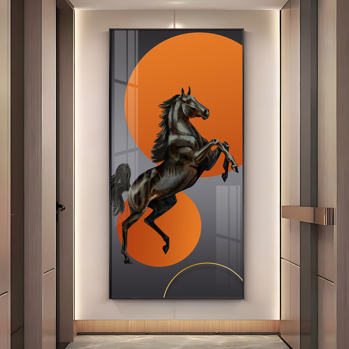 Black Horse With Vibrant Orange Background Premium Acrylic Vertical Wall Art