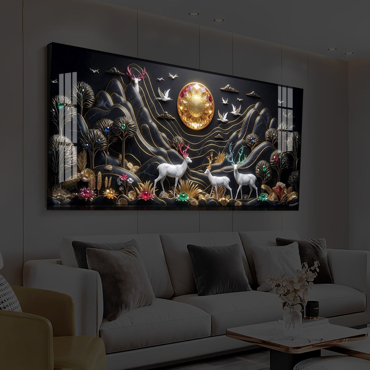 White Deer With Family Modern Luxury Backlight Horizontal Wall Art