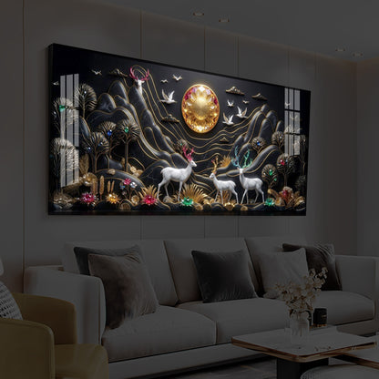 White Deer With Family Modern Luxury Backlight Horizontal Wall Art